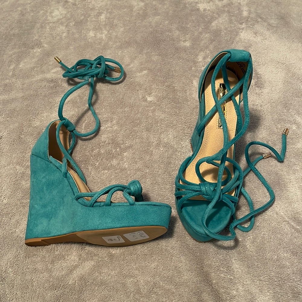 Teal suede tie up wedges